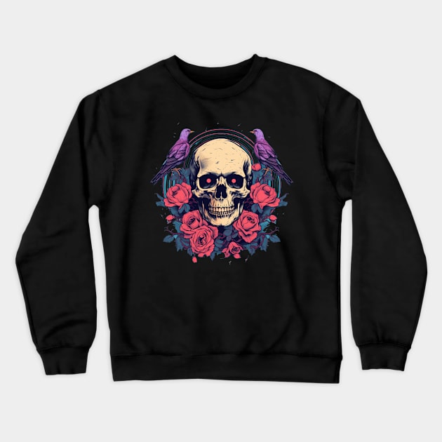 Pigeons Flower Roses Skull Crewneck Sweatshirt by TOKEBI